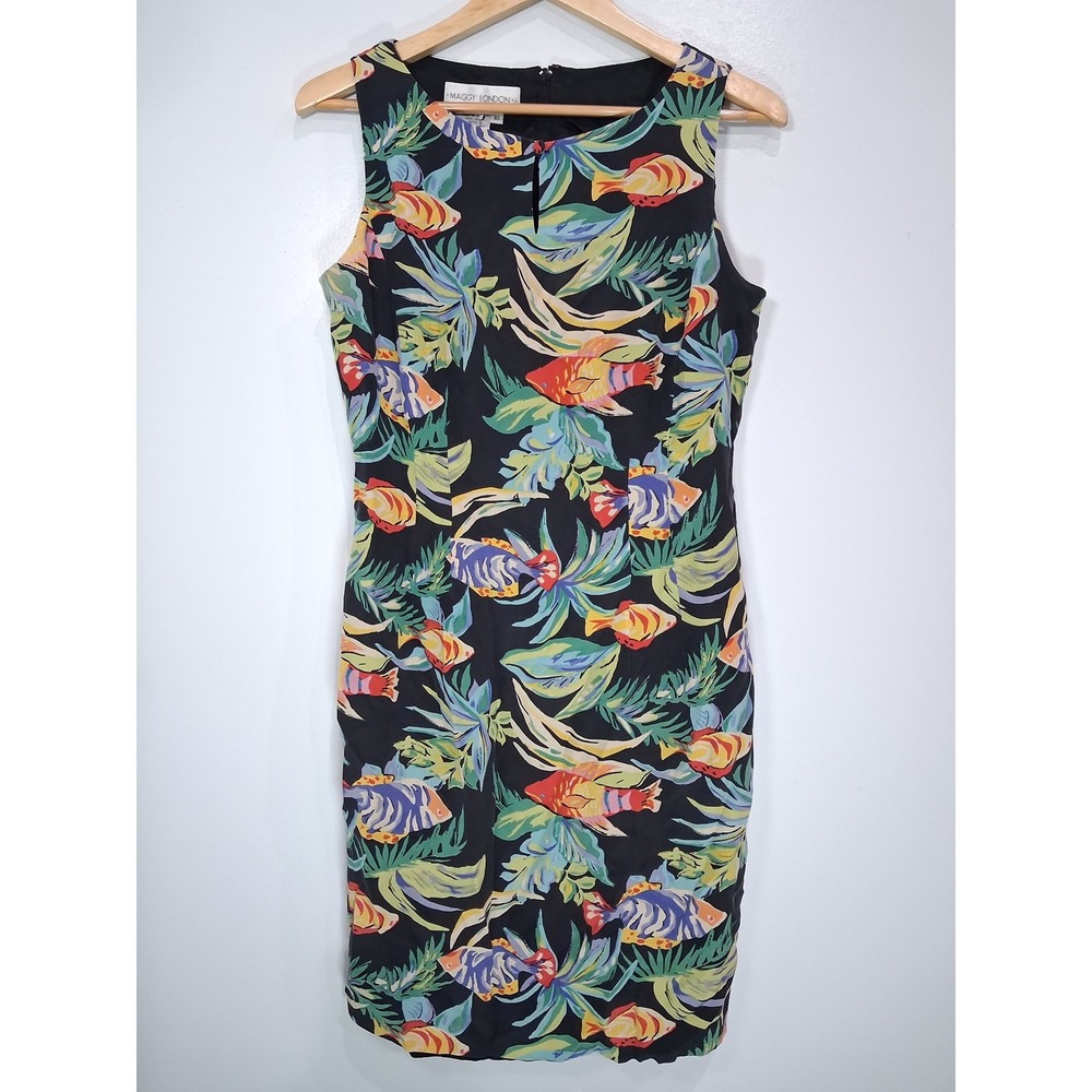 Maggy London Vintage 100% Silk Tropical Fish Print Sheath Dress Black Multi 10